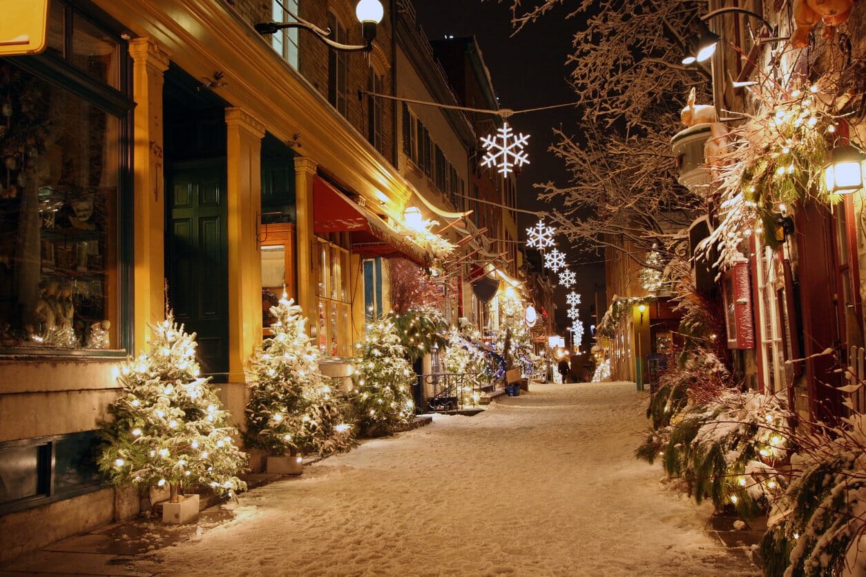 Holiday decorations on snowy street