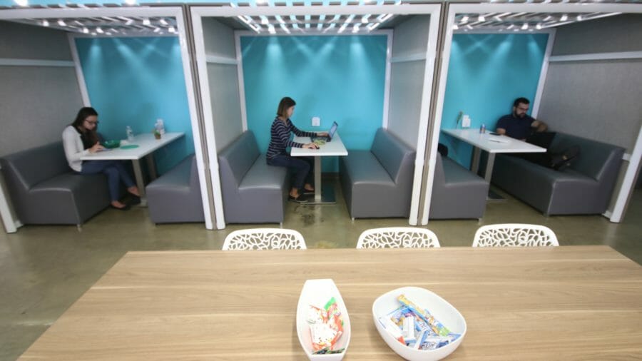 kitchen booths with people in them
