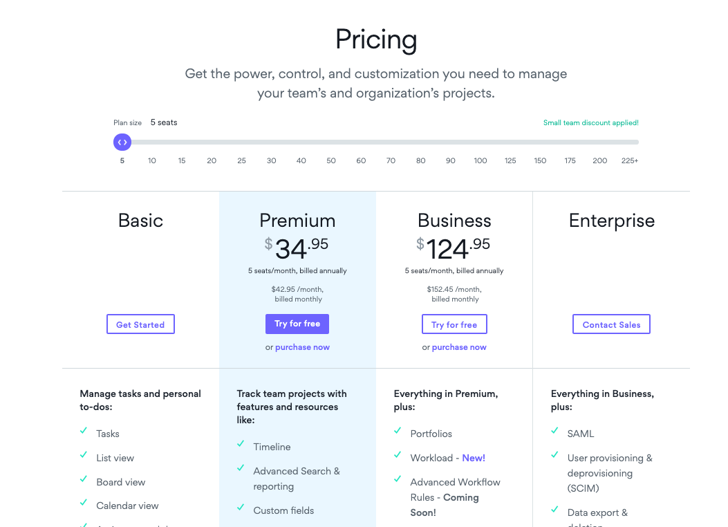 Asana pricing plans