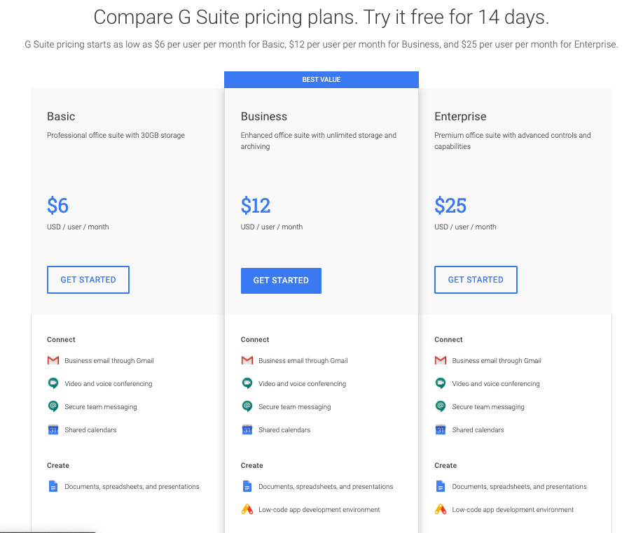 G Suite pricing plans