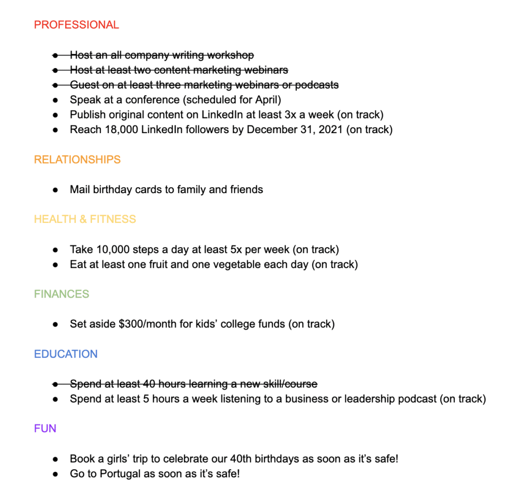 personal development plan completed example
