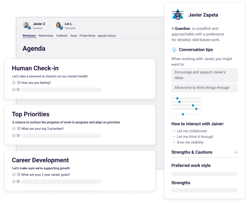 An example of a one-on-one meeting agenda in Perform with a relationship guide.