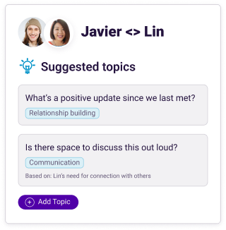 One-on-one meeting, personalized suggested topics between a manager and a direct report.
