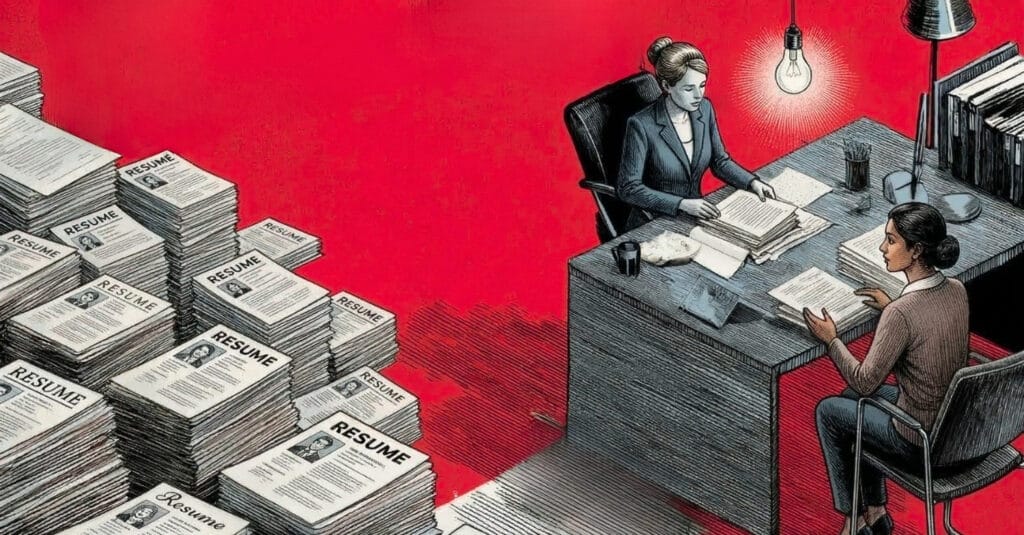 two women interviewing in a red office