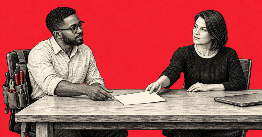 Engraved illustration of a manager sliding a sheet of paper across a conference table to a colleague with a tool belt hung on their chair, against a red wall
