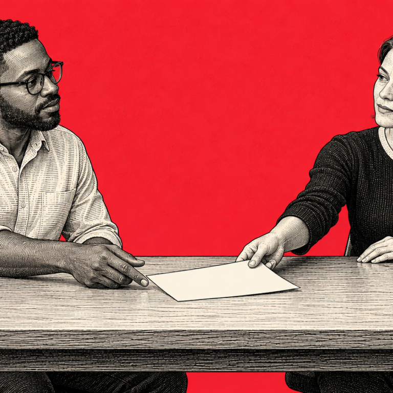 Engraved illustration of a manager sliding a sheet of paper across a conference table to a colleague with a tool belt hung on their chair, against a red wall