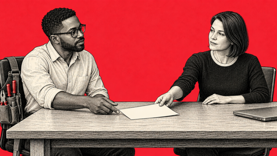 Engraved illustration of a manager sliding a sheet of paper across a conference table to a colleague with a tool belt hung on their chair, against a red wall